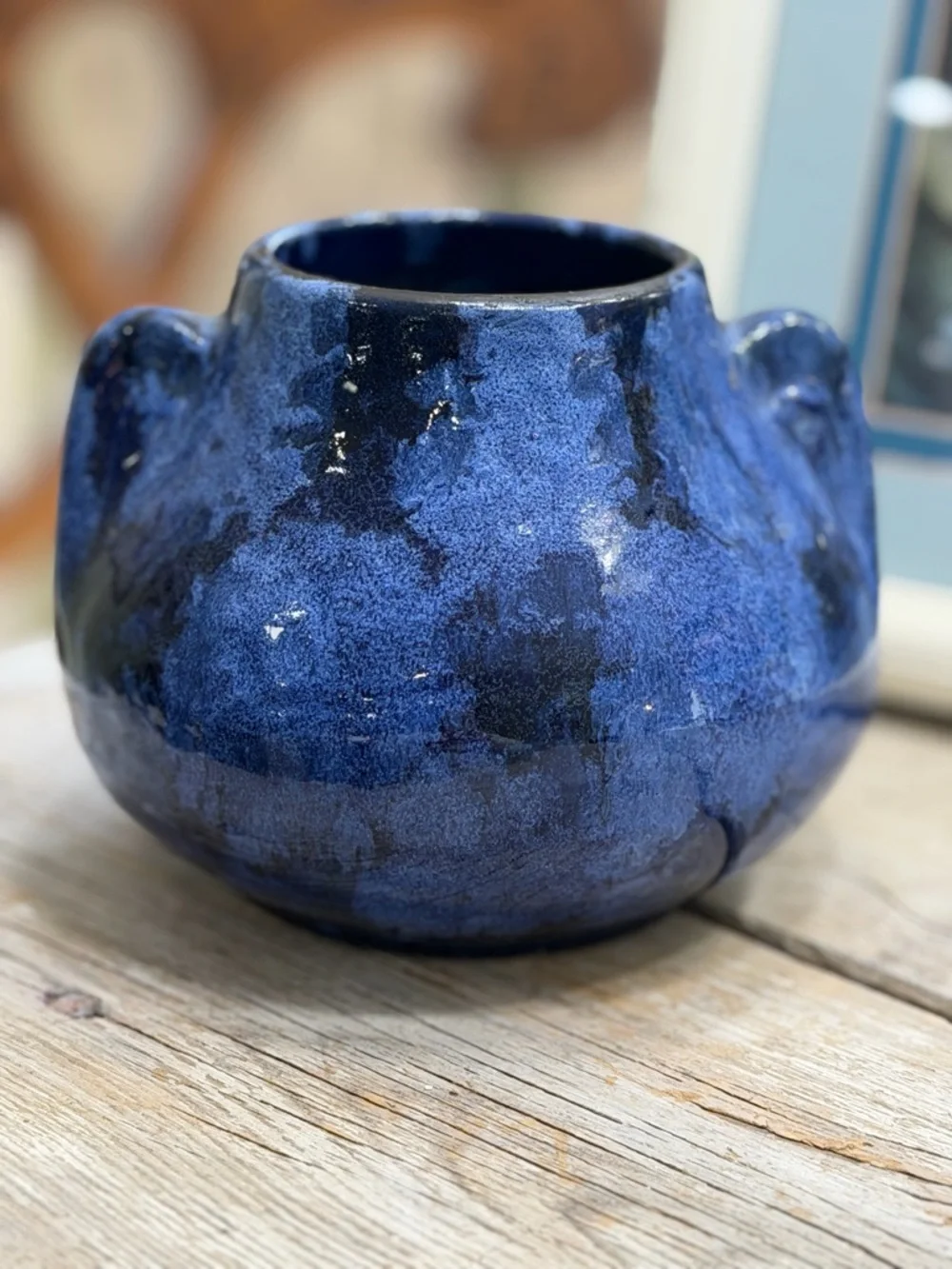 Cobalt Blue Mottled Pottery Vase | Planter. Artisan | Handled | Glazed | Studio